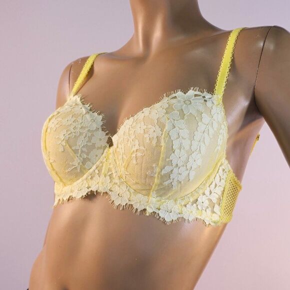 Victoria's Secret Dream Angels Push Up Bra Women's Size 32DD Yellow Floral Lace - Picture 2 of 10